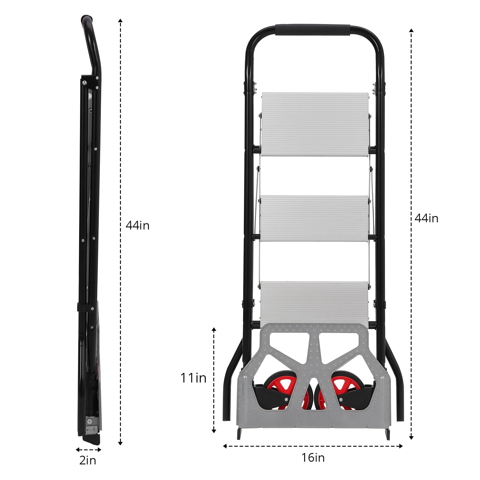 2-in-1 Hand Truck 3-Step Ladder, 250 LBS Load Capacity Folding Hand Truck Dolly with 2 Wheels, Portable Step Stool with Extra Wide Non-Slip Pedal, Multi-Use Ladder Cart for Household, Kitchen, Office