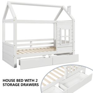 Aoowow Twin Size Kids House Bed with 2 Drawers, Wooden Platform Twin Bed Frame with Window and Roof for Bedroom, Modern Twin Size Kid Playhouse Bed with Slats for Boys Girls, Can be Decorated, White