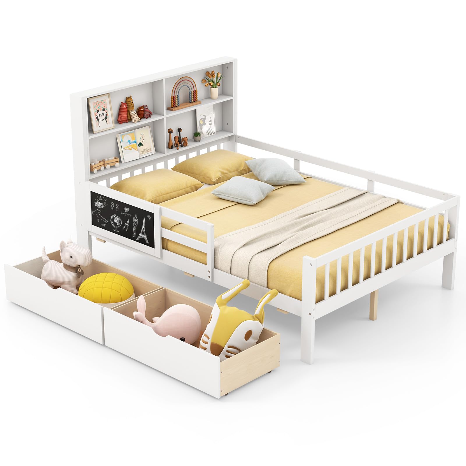 Giantex Full Bed with 2 Storage Drawers, Solid Wood Kids Bed Frame w/Bookcase Headboard & Blackboard, Full-Length Guardrails & Wooden Slats Support, Full Size Bed Frame for Kids Boys Girls, White