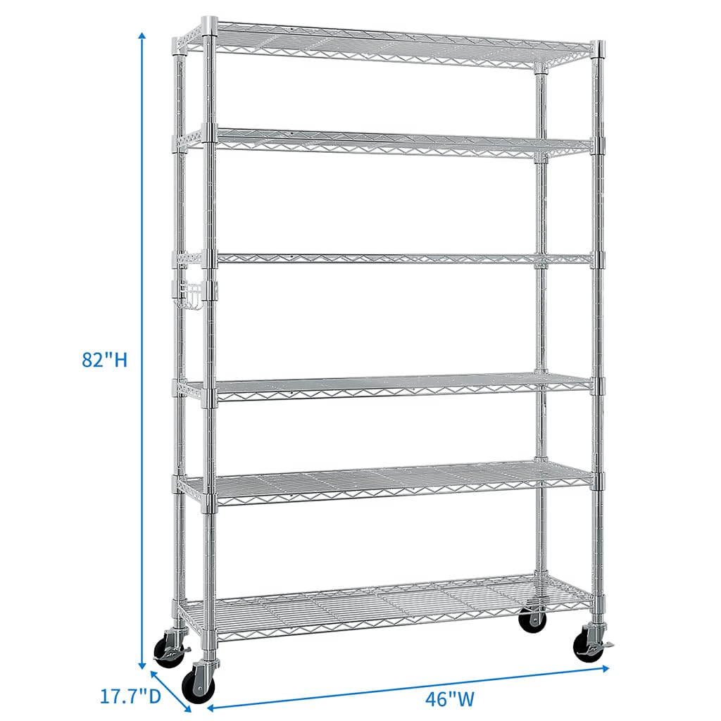 AMZOSS Storage Shelves 17.7" D × 46" W × 82" H Solid Steel Wire Shelving Storage Unit 6 Tier Adjustable Shelves Organizer Rack for Restaurant Garage Pantry Kitchen Garage,Silver