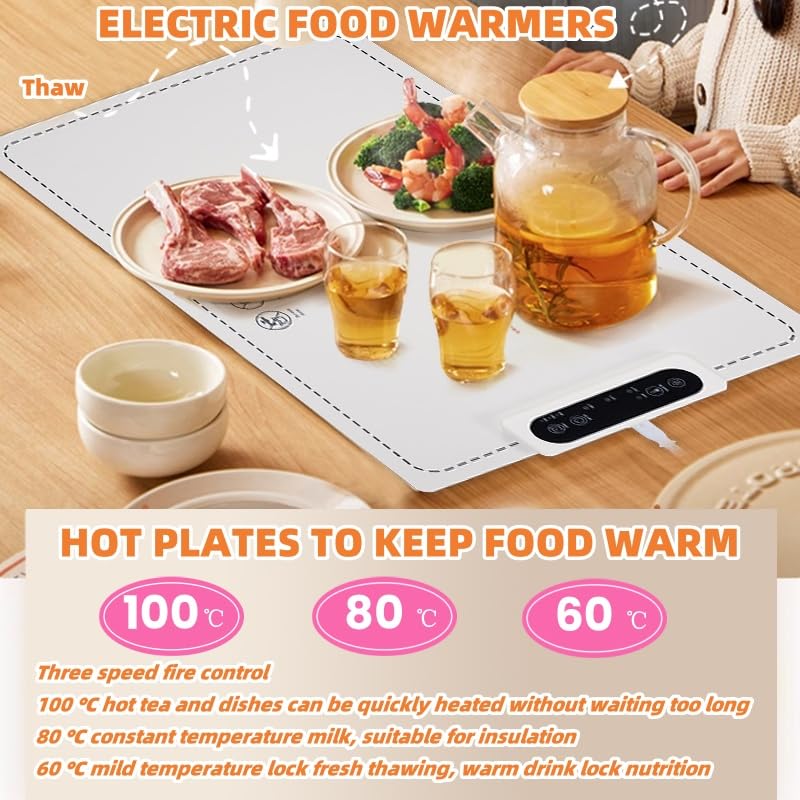 Electric Warming Trays for Food,Graphene Heating Film Food Warmers for Parties,Full Surface Heating Food Heating Mat with 3 Temperature Settings, Rollable & Portable, Auto Shut-Off,Daily Use