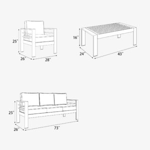 Aeeiua 4 Pieces Aluminum Outdoor Patio Furniture Set with Coffee Table, Modern Metal Conversation Sofa Set with Deep Seating