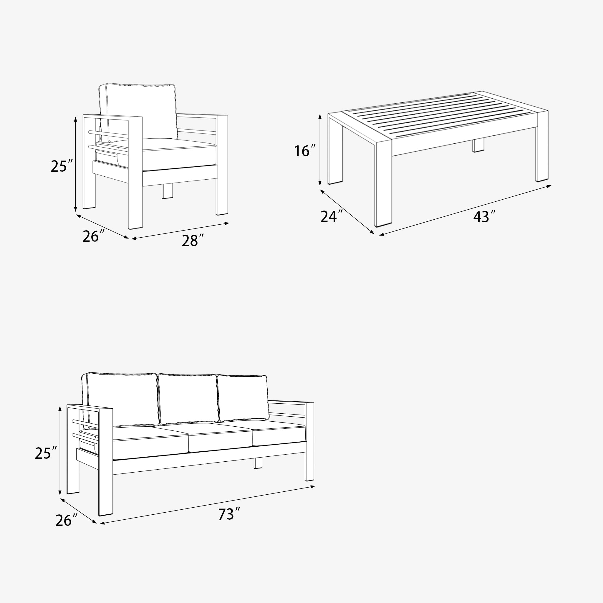 Aeeiua 4 Pieces Aluminum Outdoor Patio Furniture Set with Coffee Table, Modern Metal Conversation Sofa Set with Deep Seating