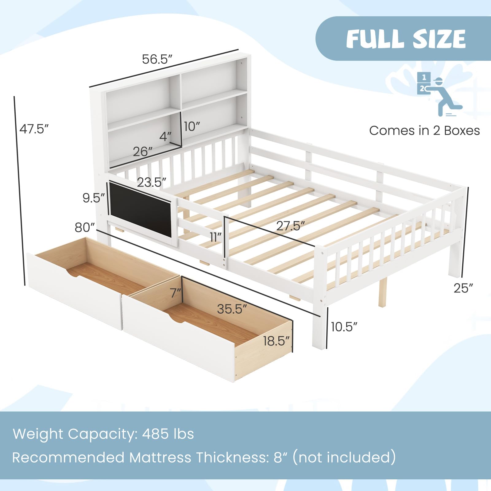 Giantex Full Bed with 2 Storage Drawers, Solid Wood Kids Bed Frame w/Bookcase Headboard & Blackboard, Full-Length Guardrails & Wooden Slats Support, Full Size Bed Frame for Kids Boys Girls, White