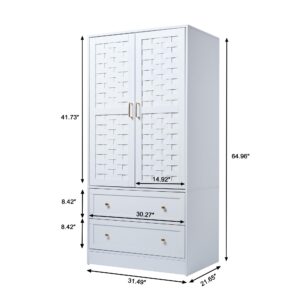 LEVNARY Armoire Wardrobe Closet, White Wardrobe Cabinet with 2 Woven Doors and 2 Storage Drawers, Freestanding Hanging Rail Closet for Bedroom (White)