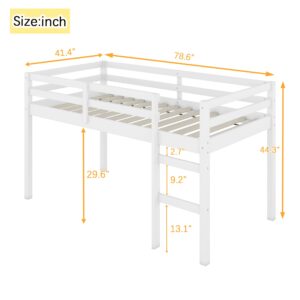 ANDORON Low Loft Bed Twin Size, Kids Solid Wood Modern Loft Bed Frame with Ladder and Safety Guardrail for Girls Boys, Noise-Free, Non-Toxic Finishes, Space-Saving, No Box Spring Needed (White, Twin)