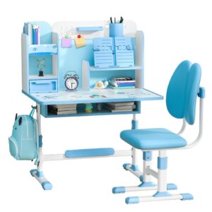 kids desk and chair set, height adjustable kid desk with storage drawers and bookshelf, ergonomic desk for kids, curved desktop reading writing table (blue a)