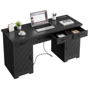 GarveeHome Executive Desk with Drawers, 55" Computer Desk with Power Outlets and Cabinet, Wood Home Office Study Writing Desk