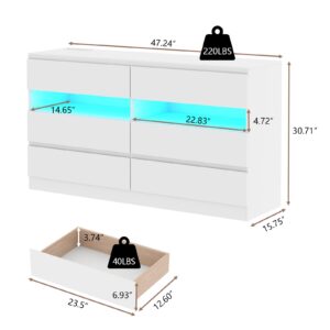 Loomie 6 Drawer Dresser with Power Outlet, Modern Chest of Drawers with LED Light, Dresser for Bedroom, Double Wide Drawer Dresser Organizer Cabinet for Living Room, Entryway (White)