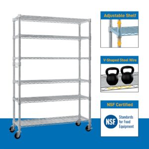 AMZOSS Storage Shelves 17.7" D × 46" W × 82" H Solid Steel Wire Shelving Storage Unit 6 Tier Adjustable Shelves Organizer Rack for Restaurant Garage Pantry Kitchen Garage,Silver