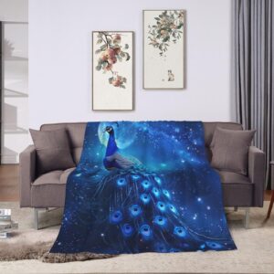 Blue Peacock Blanket for Woman Peacock Moon Throw Blanket Peacock Decor Stuff Merch Cozy Flannel Fleece Fuzzy Plush Warm Soft Lightweight Bedding Peacock Gifts for Girls Boys Couch Sofa Bed 60"X50"