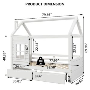 Aoowow Twin Size Kids House Bed with 2 Drawers, Wooden Platform Twin Bed Frame with Window and Roof for Bedroom, Modern Twin Size Kid Playhouse Bed with Slats for Boys Girls, Can be Decorated, White