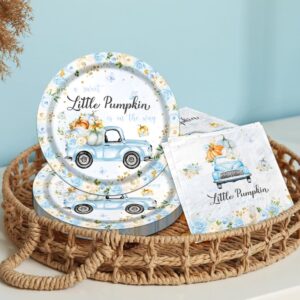 Little Pumpkin Paper Plates and Napkin Pumpkin Baby Shower Party Decorations for Boy A Little Sweet Pumpkin is On The Way Blue Floral Truck Disposable Tableware Party Supplies Favor for 25 Guests