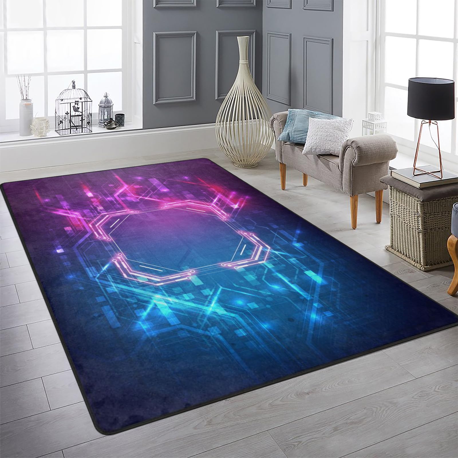 Amorettise Abstract Circuit Board Area Rug for Playroom 5' X 7' Gamer Rug for Boy Cool Player Room Decor, Hi-Tech Digital Gaming Carpets for Child Play Bedroom Dorm(Blue-Purple Neon)