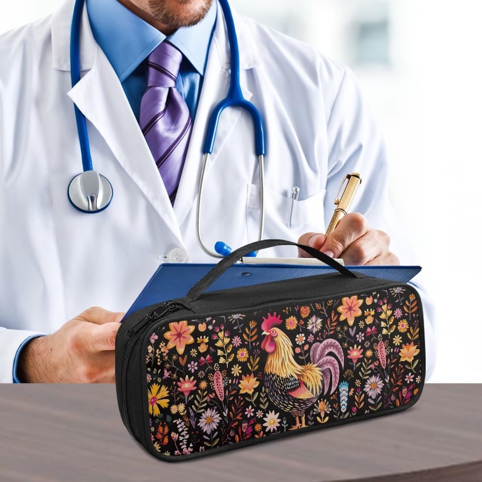 Rnyleeg Retro Floral Chicken Rooster Stethoscope Carrying Case Lightweight Stethoscope Case Large Storage Bag for Nurse Doctor