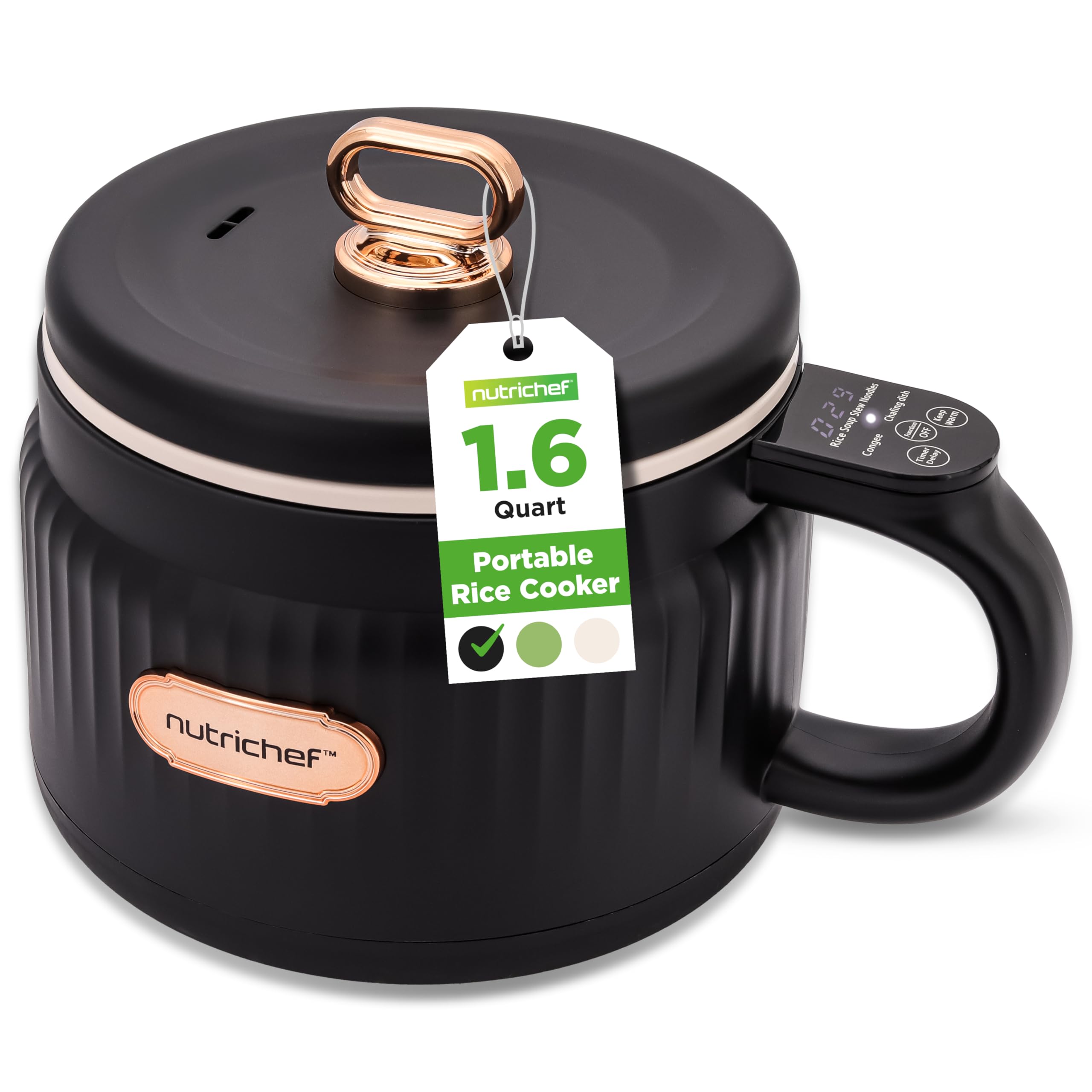 NutriChef 1.6 QT Portable Electric Rice Cooker & Lunch Maker | Multi-Functional & Non-Stick Ceramic Coating | Digital Control Panel | 6 Cook Functions: Rice, Soup, Stew, Porridge & More | Black