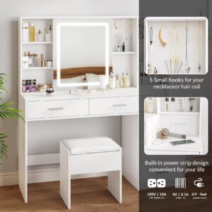 Makeup Vanity with LED Lighted Sliding Mirror, White Vanity Desk with 5 Drawers, Charging Station & Hidden Storage Shelves, Adjustable Brightness, Dressing Table Stool Set for Bedroom