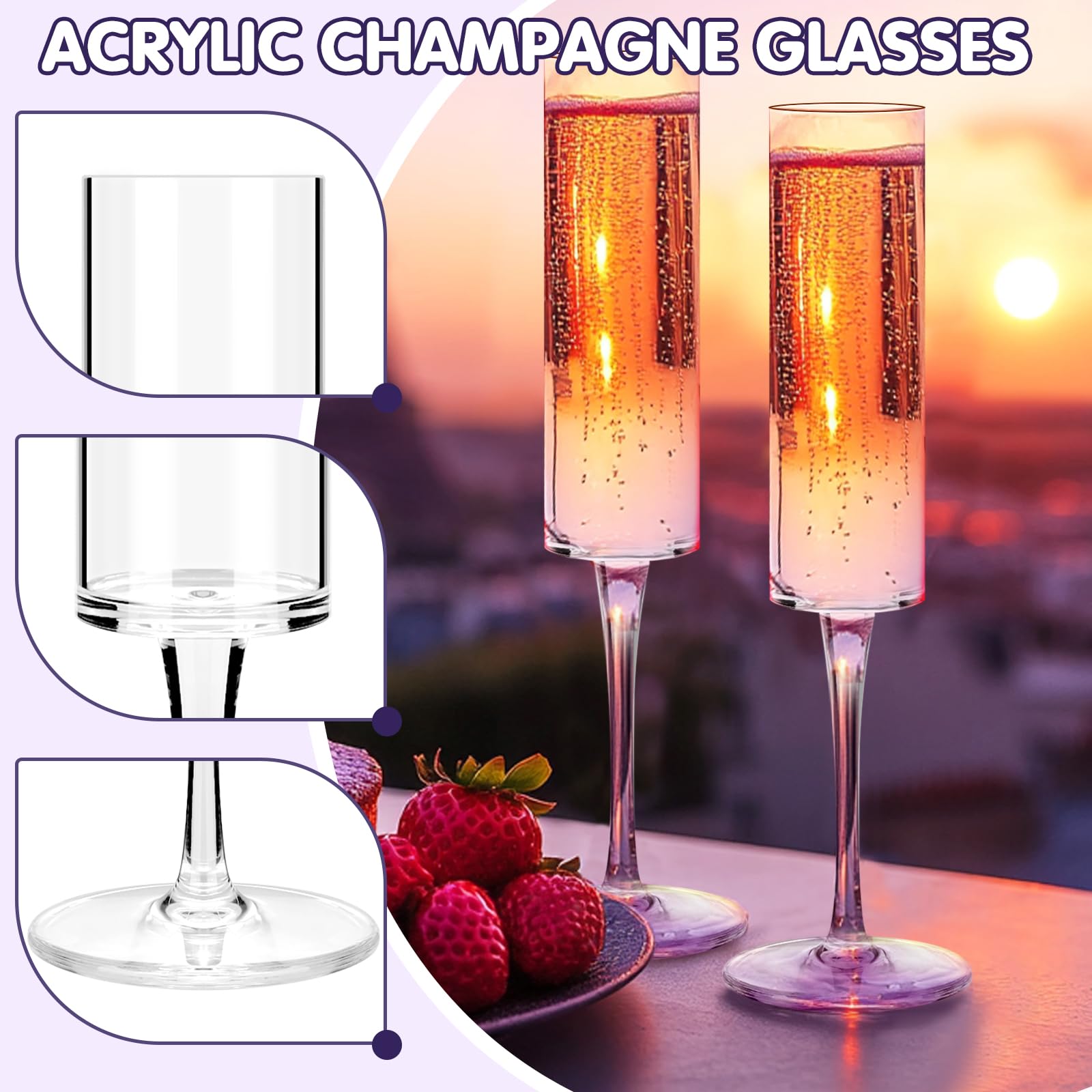 WYTAOHZL 24PCS Acrylic Champagne Flutes 6 OZ Champagne Flutes Plastic With Long Stem Clear Champagne Glasses Sparkling Wine Stemware for Birthday Wedding Anniversary