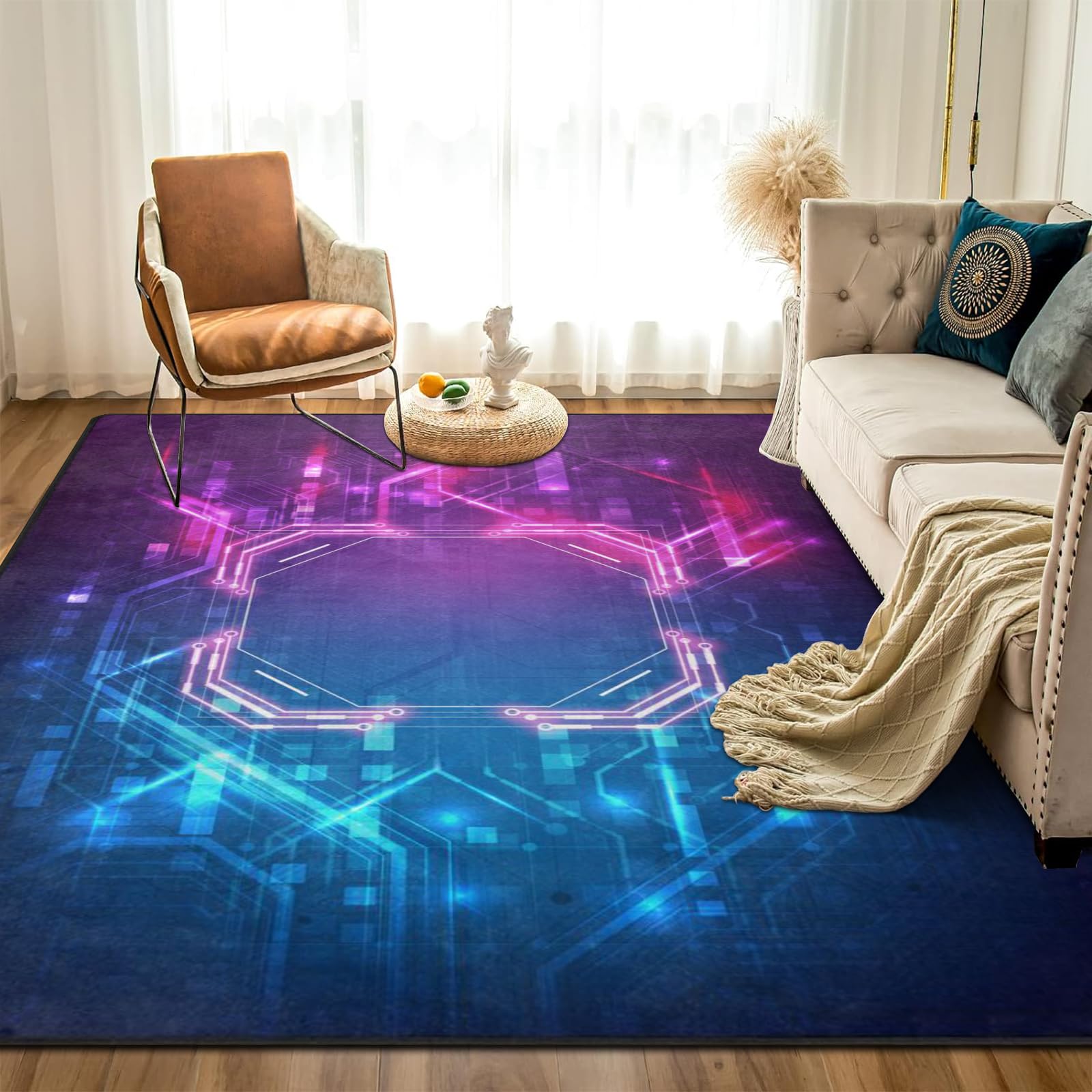 Amorettise Abstract Circuit Board Area Rug for Playroom 5' X 7' Gamer Rug for Boy Cool Player Room Decor, Hi-Tech Digital Gaming Carpets for Child Play Bedroom Dorm(Blue-Purple Neon)