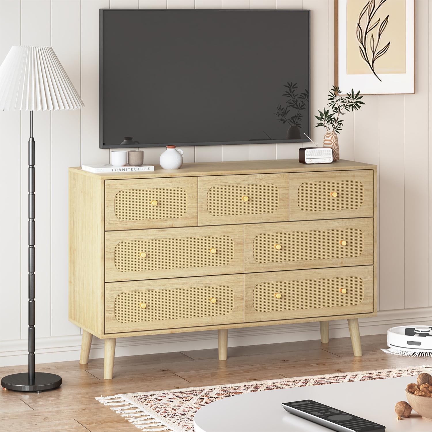 HOUROM Natural Rattan Dresser for Bedroom, Boho Wood Durable Dressers & chests of Drawers with Gold Handles, Modern Wood 7 Drawer Dresser for Bedroom