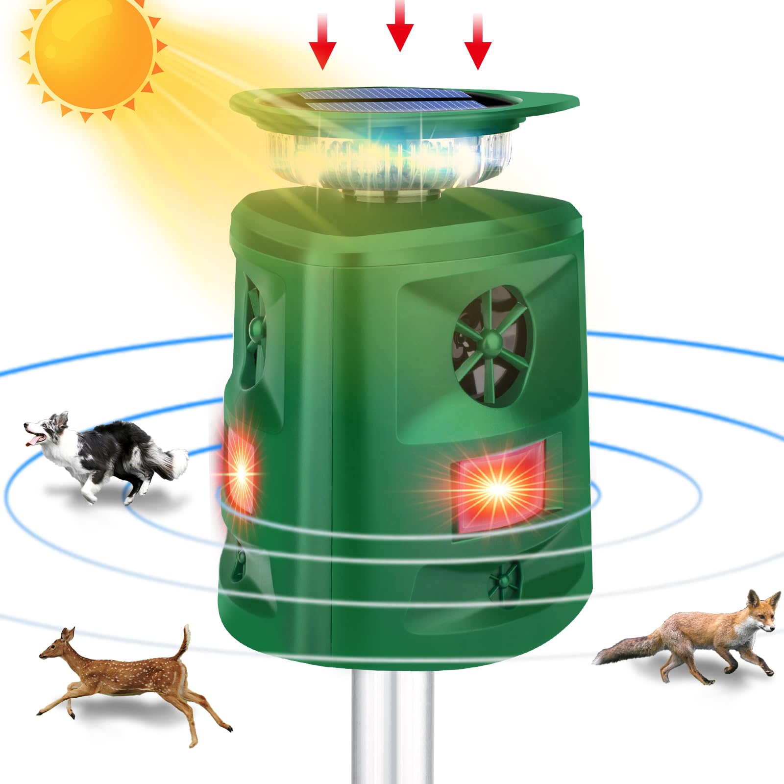 Solar Animal Repeller,360° Ultrasonic Animal Repellent Outdoor,Cat Repellent Outdoor with Motion Sensor & Flashing Light Deer Repellent,Dog Repellent for Repelling Cat Squirrel Deer Raccoon Rabbit Dog