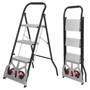 2-in-1 hand truck 3-step ladder, 250 lbs load capacity folding hand truck dolly with 2 wheels, portable step stool with extra wide non-slip pedal, multi-use ladder cart for household, kitchen, office