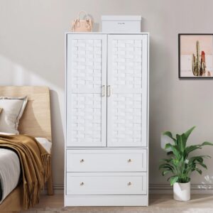 LEVNARY Armoire Wardrobe Closet, White Wardrobe Cabinet with 2 Woven Doors and 2 Storage Drawers, Freestanding Hanging Rail Closet for Bedroom (White)