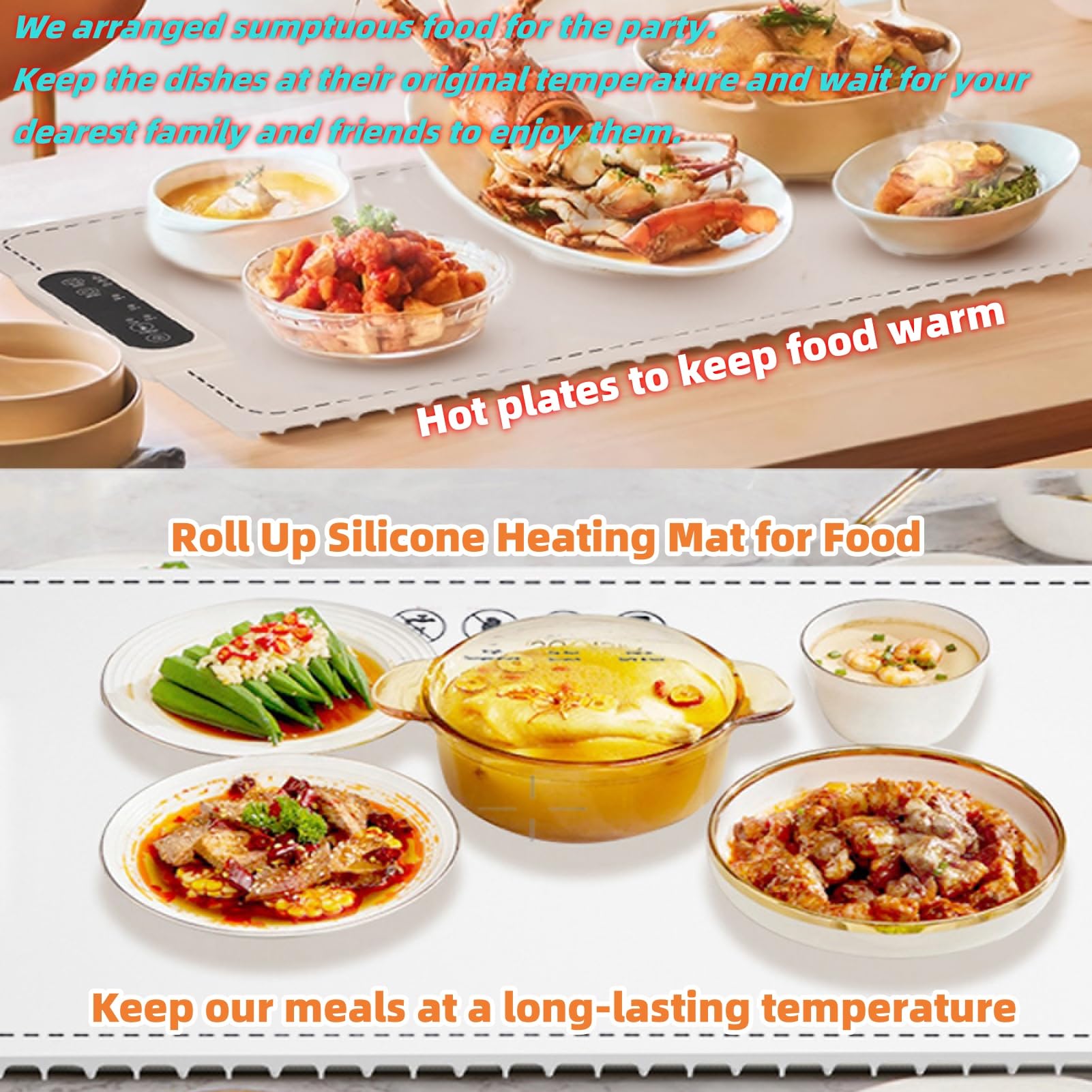 Electric Warming Trays for Food,Graphene Heating Film Food Warmers for Parties,Full Surface Heating Food Heating Mat with 3 Temperature Settings, Rollable & Portable, Auto Shut-Off,Daily Use