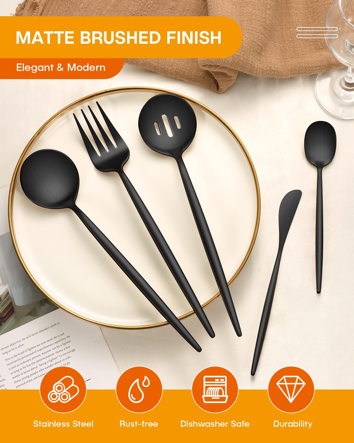 EUIRIO 5PCS Large Serving Utensils Set, Matte Black Hostess Flatware Serving Utensils, Heavy Duty Stainless Steel Serving Spoon, Slotted Spoon, Serving Fork, Sugar Spoon&Butter Knife, Dishwasher Safe