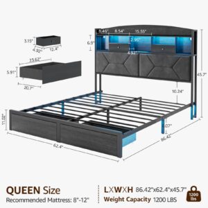 DOGIBIXO Queen Size Black Bed Frame with 4 Storage, Upholstered Velvet Platform Bed Frames with Button Tufted Headboard Led Lights, Wooden Slats Support, No Box Spring Needed, Black