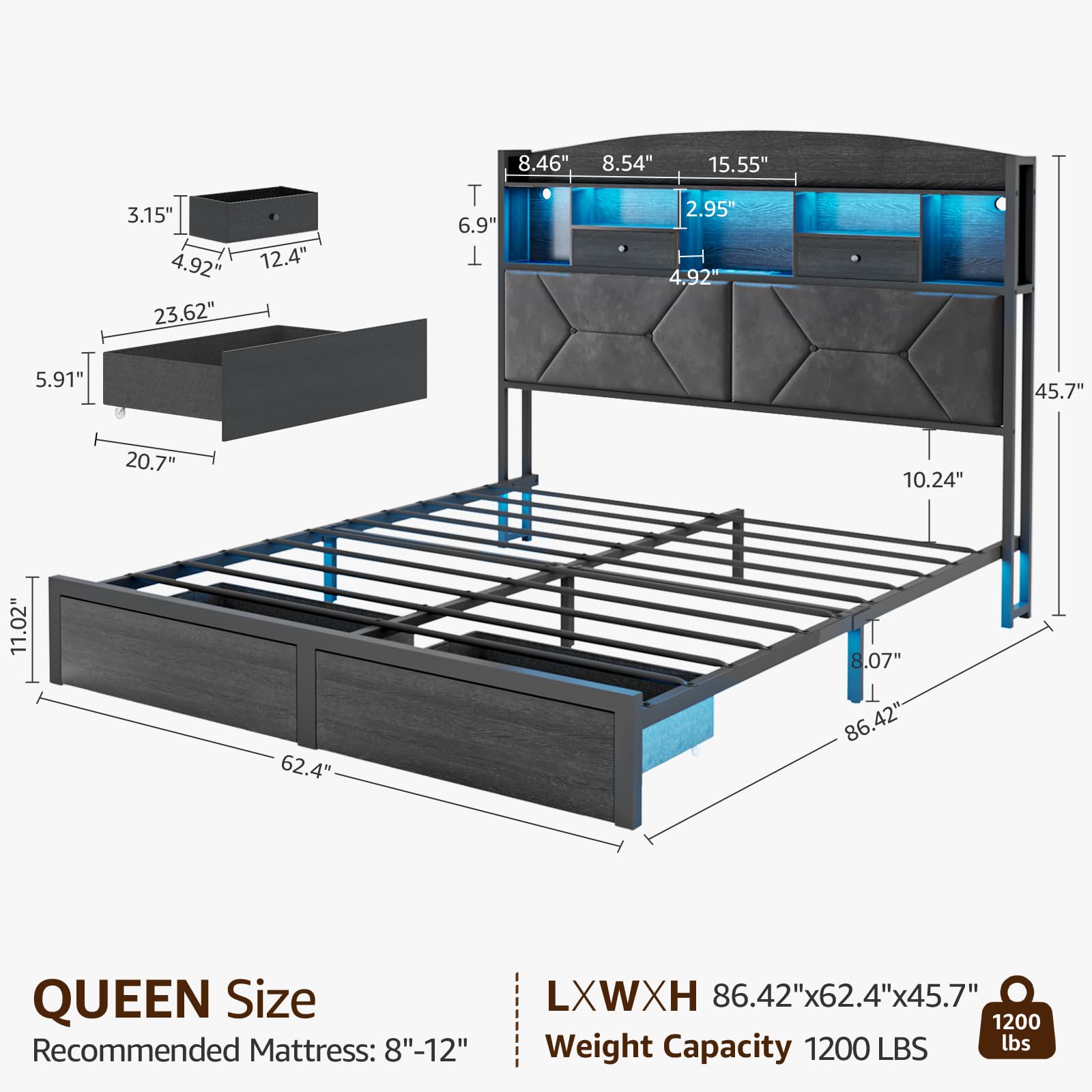 DOGIBIXO Queen Size Black Bed Frame with 4 Storage, Upholstered Velvet Platform Bed Frames with Button Tufted Headboard Led Lights, Wooden Slats Support, No Box Spring Needed, Black