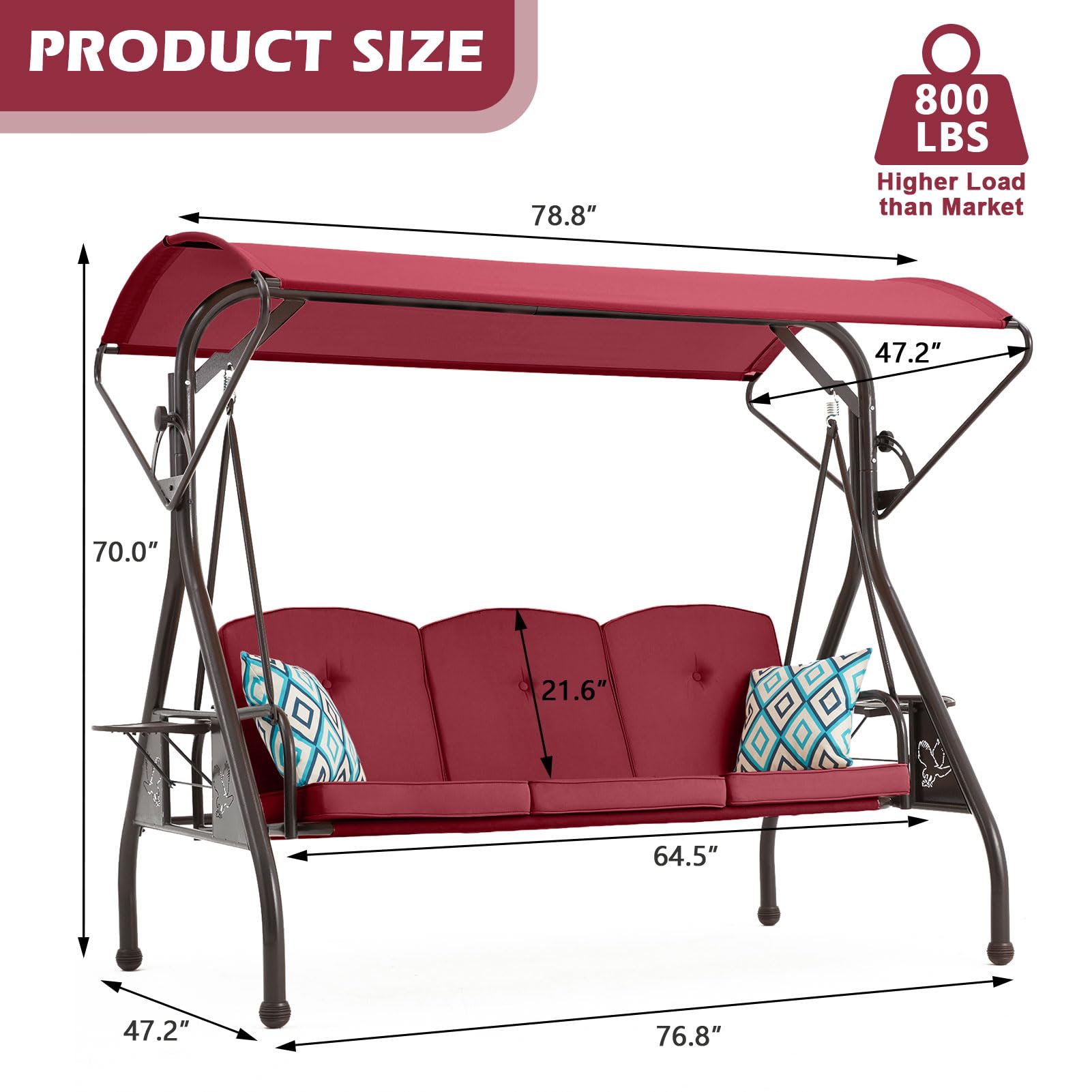 ZZW Patio Swing with Canopy 800LBS Ultra Load Outdoor Swing with Cup Holder 3-Seat Porch Swing for Adults Heavy Duty Patio Swing Bed for Patio, Backyard and Poolside, Wine Red