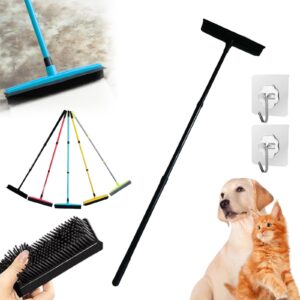 three-section telescopic pole carpet delinting broom, pet hair removal broom, multi-surface squeegee rubber broom, extendable rubber broom pet hair remover for carpet couch (black)