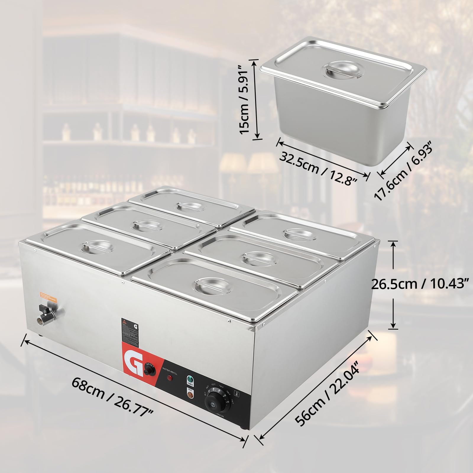 Takywep 6 Pans Commercial Food Warmer - 6 x 6.3QT, 1200W Electric Steam Table, Professional Countertop Stainless Steel Buffet Bain Marie, 86-185°F Temp Control, Ideal for Catering and Restaurants