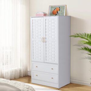 levnary armoire wardrobe closet, white wardrobe cabinet with 2 woven doors and 2 storage drawers, freestanding hanging rail closet for bedroom (white)