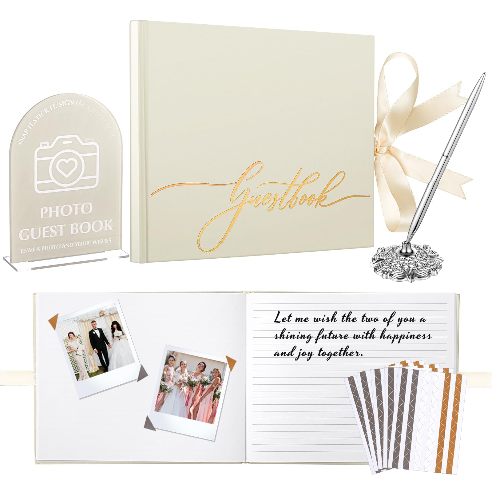 Affrolling Wedding Guest Book Set Wedding Memory Book with Pen Acrylic Wedding Table Sign Photo Corners Stickers Photo Guest Book for Wedding Reception Bridal Shower Baby Shower Graduation Funeral