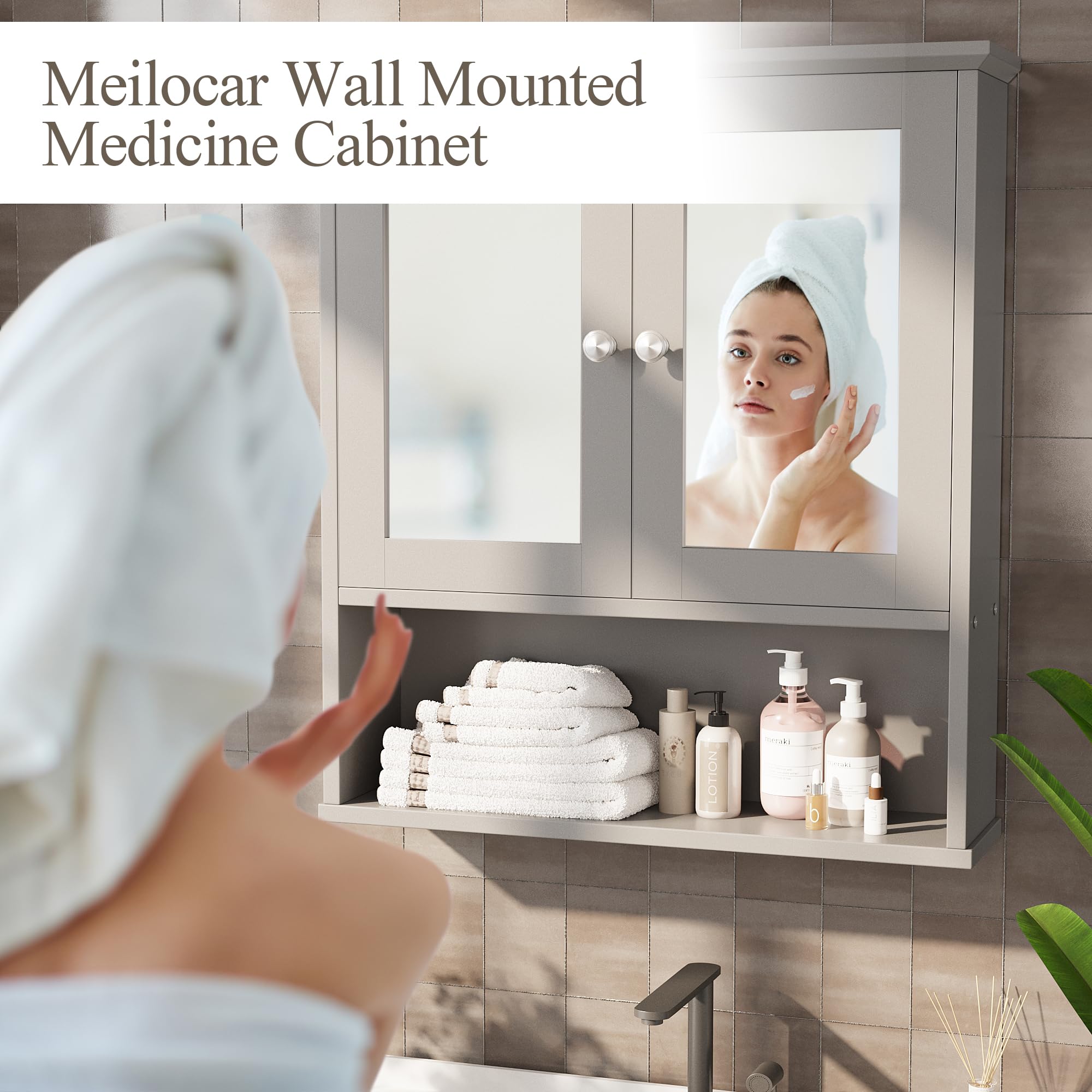 Meilocar Bathroom Cabinet with Mirror Doors, Bathroom Wall Cabinet Wall Mounted Bathroom Mirror Cabinet, Over Toilet Medicine Cabinets for Bathroom Laundry Room Kitchen, Grey