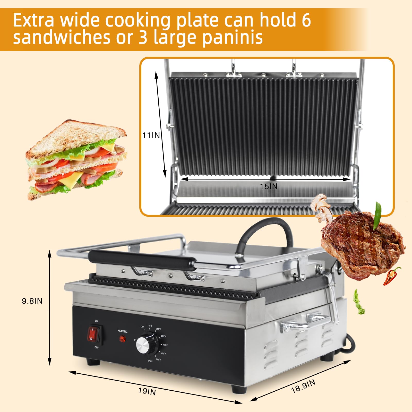 EASYROSE Panini Press Sandwich Maker 6 Slice Commercial Sandwich Press Grill, Electric Panini Maker with 15"x11" Non-Stick Iron Plate, 32-572°F Temp Control Indoor Grill for Steak, 1800W (CPG-175)