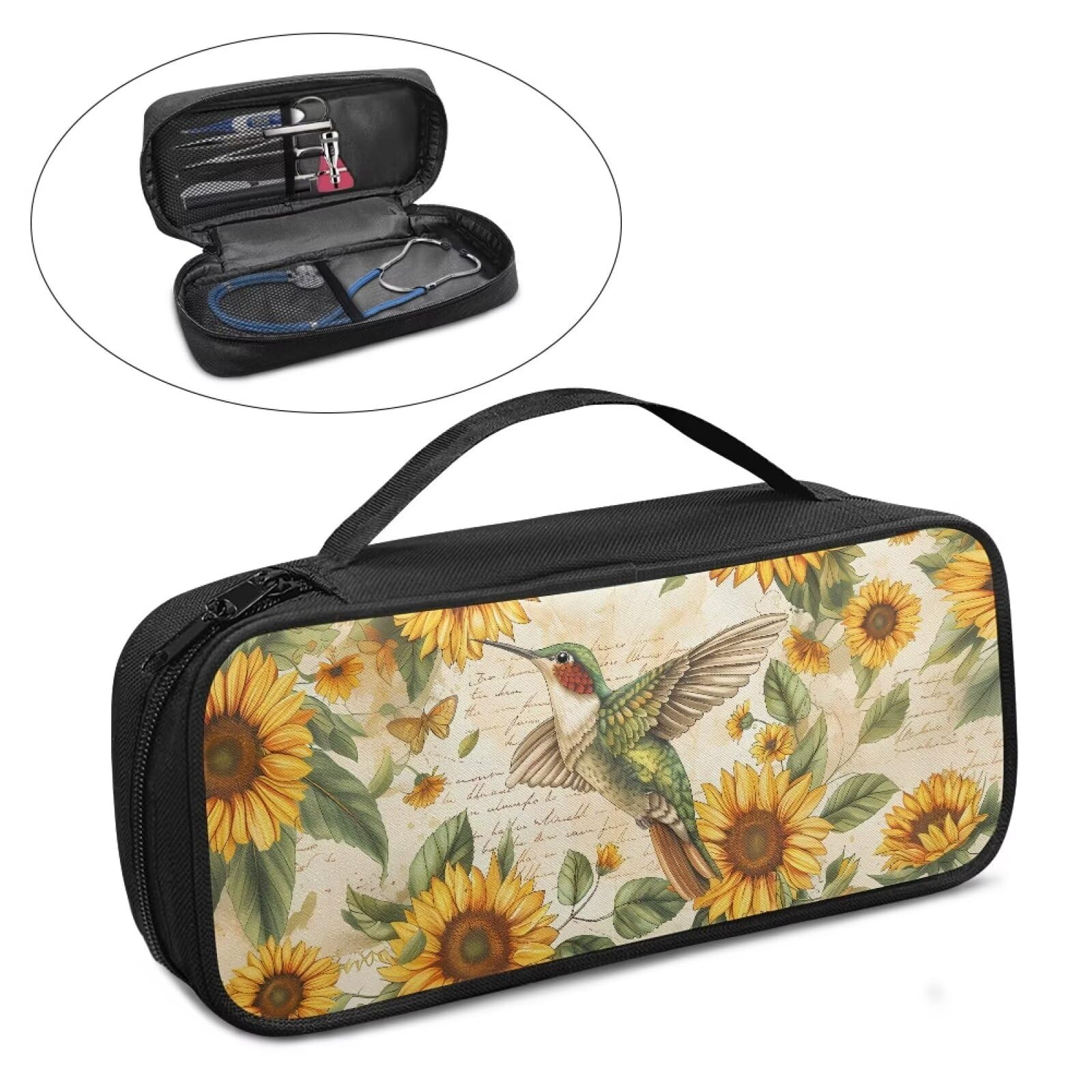 Rnyleeg Flower Hummingbird Print Stethoscope Case Large Stethoscope Carrying Case Portable Stethoscope Storage Bag with Mesh Pocket