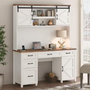 Farmhouse 67" H Executive Desk with Hutch,Office Desk with 5 Drawers, Computer Desk with Storage Cabinet & File Drawers and Charging Station, Wood Workstation for Home Office and Study