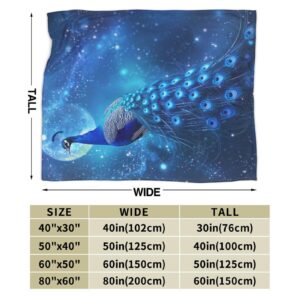 Blue Peacock Blanket for Woman Peacock Moon Throw Blanket Peacock Decor Stuff Merch Cozy Flannel Fleece Fuzzy Plush Warm Soft Lightweight Bedding Peacock Gifts for Girls Boys Couch Sofa Bed 60"X50"