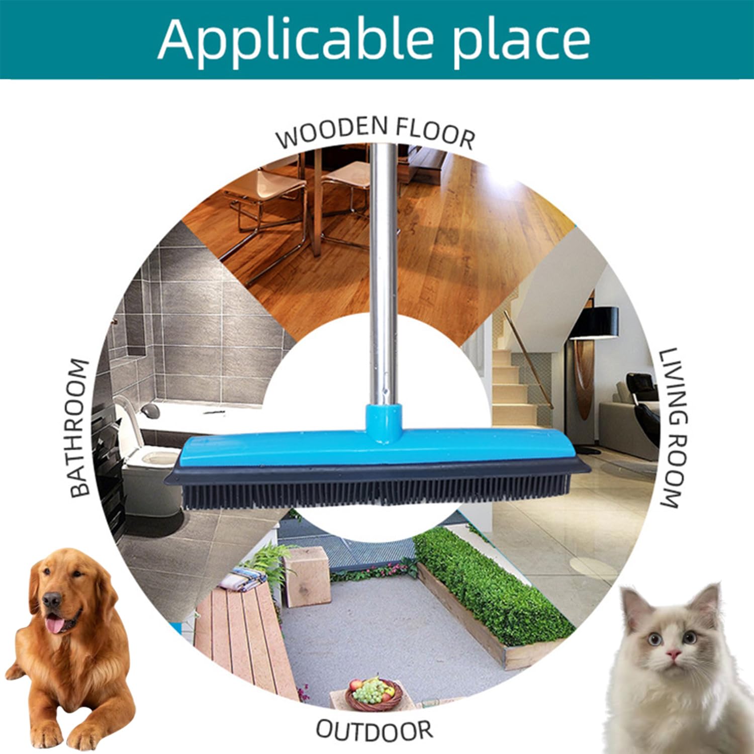 Three-Section Telescopic Pole Carpet Delinting Broom, Pet Hair Removal Broom, Multi-Surface Squeegee Rubber Broom, Extendable Rubber Broom Pet Hair Remover for Carpet Couch (Black)