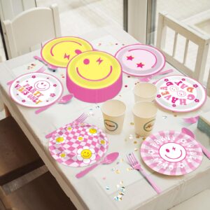 48PCS Preppy Party Supplies 7inch Pink Smile Face Paper Plates Preppy Smile Face Party Tableware Set Pink Preppy Plates for Baby Shower Birthday Y2k Party Decorations