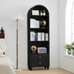 UHMUVFM 75.6" H Arched Bookcase, 4-Tier Arched Cabinet Bookcase with Drawer and Shelves, Accent Display Cabinet with 2 Drawer Storage for Living Room, Reading Room and Bedroom (Black-1)