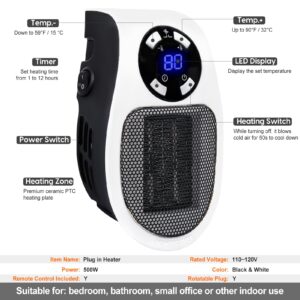 Plug in Heaters for Indoor Use - Upgraded 500W Space Heaters, Quiet Portable Heater with Thermal Protection, Small Electric Heater for Office with LED & Timer, Safe Mini Heater for Bedroom, Bathroom