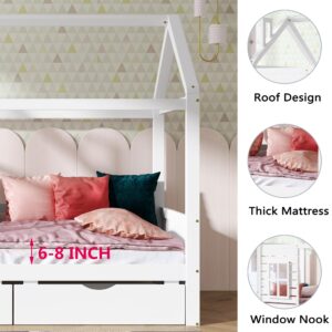 Aoowow Twin Size Kids House Bed with 2 Drawers, Wooden Platform Twin Bed Frame with Window and Roof for Bedroom, Modern Twin Size Kid Playhouse Bed with Slats for Boys Girls, Can be Decorated, White