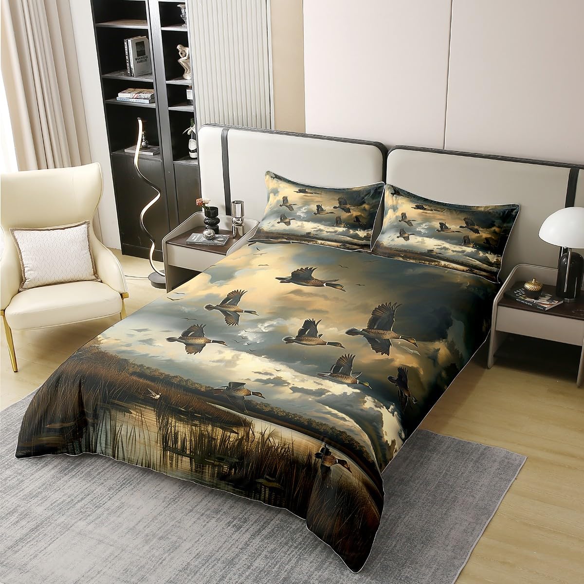 jejeloiu Mallard Duck 100% Cotton Duvet Cover Duck Hunting Themed Bedding Set Boys Girls Rustic Natural Lake Scenery Comforter Cover Lightweight Hunting and Fishing Bedspread Cover Twin, No Comforter