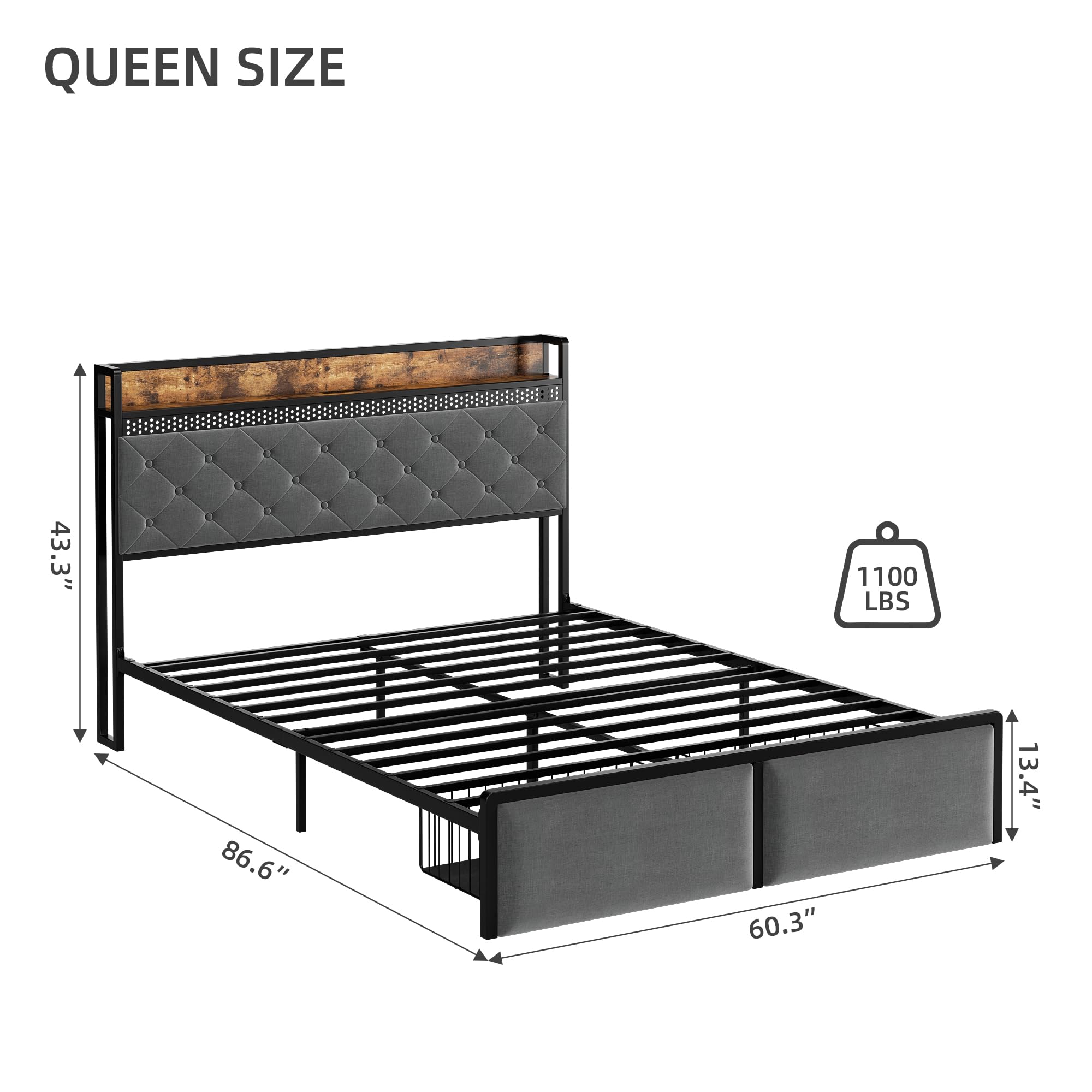 coucheta Queen Bed Frame with Headboard and 2 Drawers, Metal Platform with USB Ports and Outlets, Led Lighting, Noise-Free Design, No Box Spring Needed, Grey