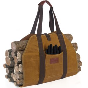 tuowei newest waxed canvas firewood carrier - sturdy heavy duty log carrier for firewood large capacity wood carrier log tote bag firewood holder fireplace wood stove accessories with pocket & gloves