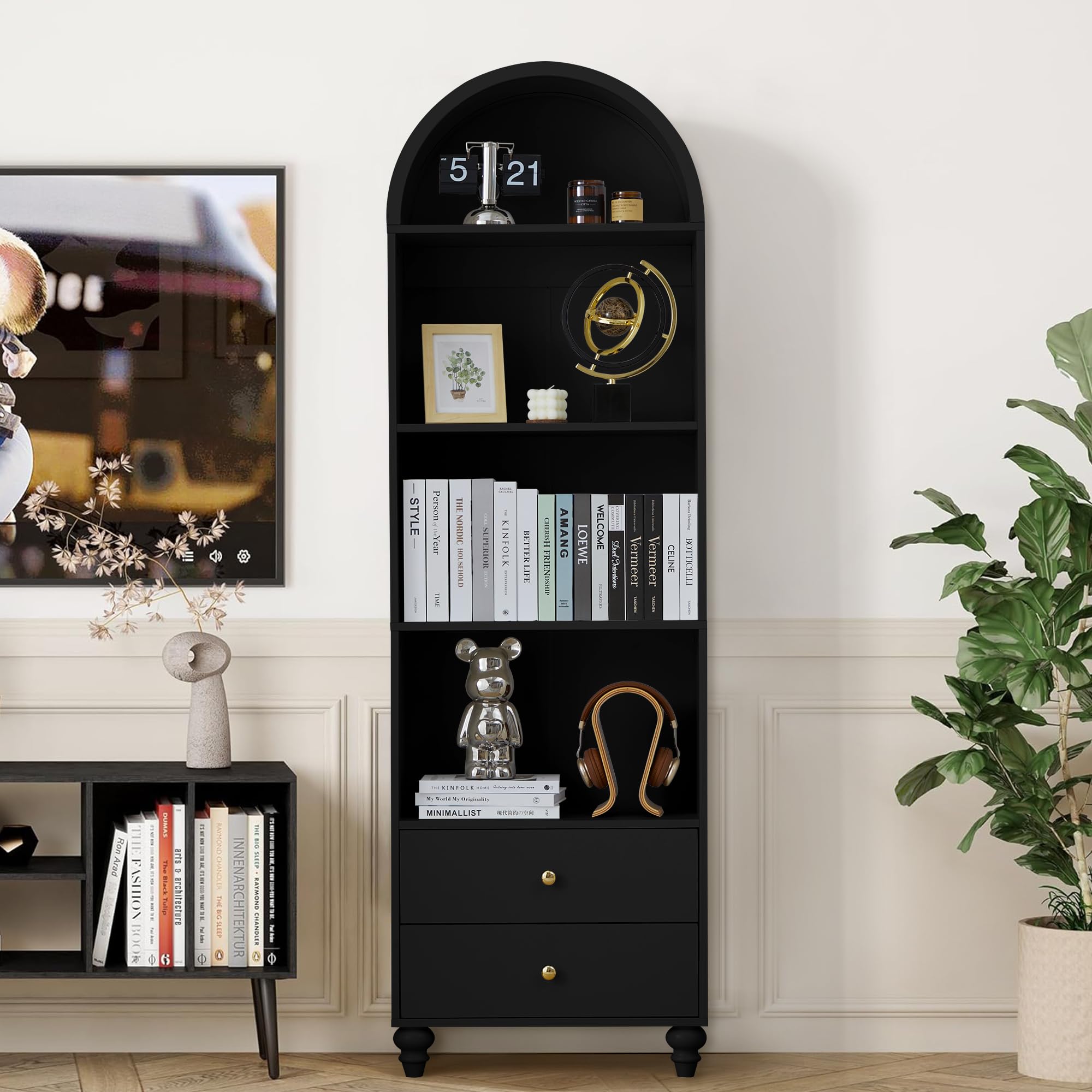 UHMUVFM 75.6" H Arched Bookcase, 4-Tier Arched Cabinet Bookcase with Drawer and Shelves, Accent Display Cabinet with 2 Drawer Storage for Living Room, Reading Room and Bedroom (Black-1)